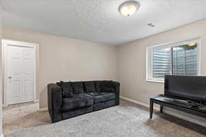 Carpeted living room featuring a textured ceiling and baseboards