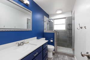 Bathroom with a shower stall, toilet, wood finished floors, and vanity
