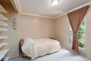 Carpeted bedroom featuring ornamental molding and baseboards