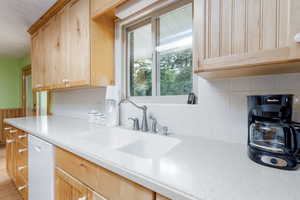 Kitchen with white dishwasher, light countertops, a sink, tasteful backsplash, and wooden walls
