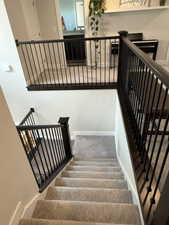 Stairs featuring carpet flooring and baseboards