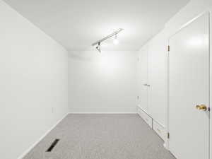 Carpeted spare room with baseboards and track lighting