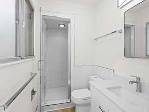 Full bathroom featuring toilet, a stall shower, and vanity