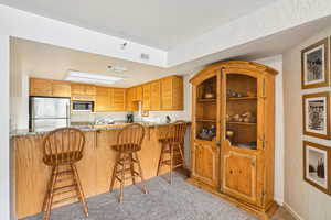 Kitchen with stainless steel appliances, light stone countertops, carpet flooring, a peninsula, and a textured wall