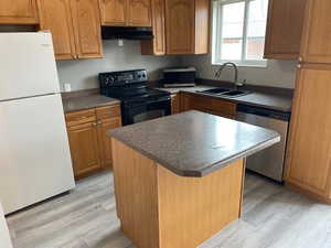 Kitchen with freestanding refrigerator, black range with electric cooktop, stainless steel dishwasher, under cabinet range hood, and a sink