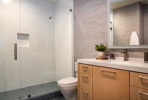 Bathroom featuring toilet, a stall shower, vanity, and tile walls