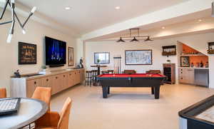 Recreation room featuring a dry bar, billiards, and recessed lighting