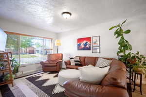 Living room featuring large windows, white walls and a textured ceiling