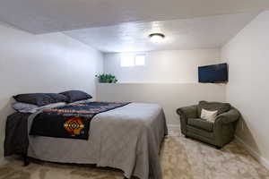 Bedroom with full size closet, carpet floors, a textured ceiling, and baseboards