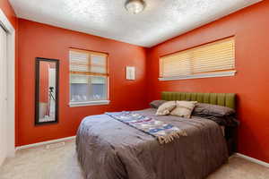 Carpeted bedroom with a textured ceiling and natural light