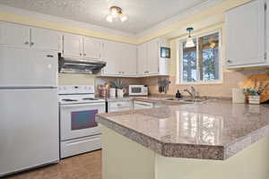 Kitchen with white appliances, under cabinet range hood, a peninsula, a sink, and decorative backsplash