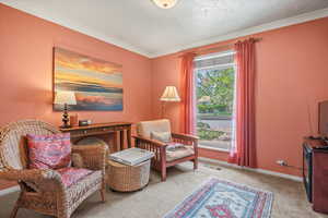 Sitting room featuring carpet, ornamental molding, and baseboards