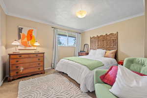 Bedroom with ornamental molding, light carpet, baseboards, and a textured ceiling
