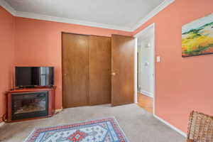 Bedroom featuring carpet flooring, a glass covered fireplace, a closet, crown molding, and baseboards