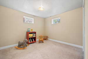 Playroom with carpet flooring, a textured ceiling, and baseboards