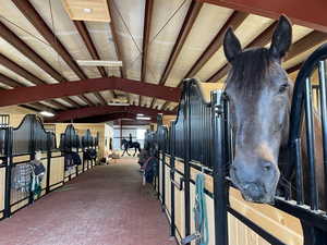 The European-style stable features rubber paver aisle ways leading to ten elegant stalls.