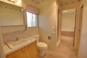 Full bathroom with a shower stall, toilet, vanity, and a bath