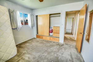 Unfurnished bedroom featuring carpet flooring and a closet