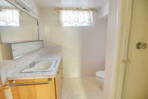 Bathroom with toilet, vanity, a tile shower, and healthy amount of natural light