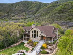 View of mountain backdrop featuring a forest