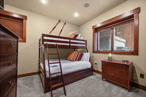 Carpeted bedroom featuring recessed lighting