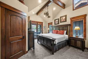 Carpeted bedroom with access to exterior and recessed lighting