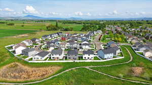 Aerial perspective of suburban area featuring mountains