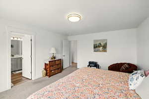 Carpeted bedroom with ensuite bath and baseboards