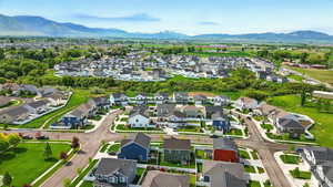 Aerial view of residential area with mountains