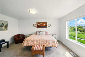 Carpeted bedroom featuring baseboards