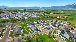 Aerial perspective of suburban area with mountains