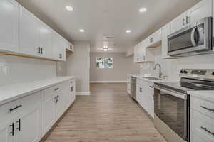 Kitchen featuring stainless steel appliances, a sink, baseboards, recessed lighting, and light wood finished floors
