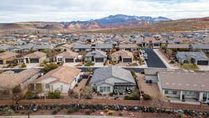 Aerial view of residential area with mountains