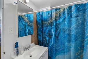 Bathroom with vanity, a textured ceiling, and a shower with shower curtain