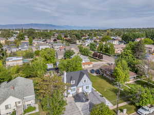 Aerial view of residential area with mountains