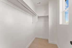 Spacious closet with light colored carpet