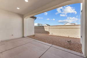 Fenced backyard featuring a patio area