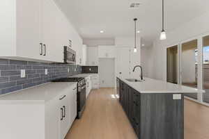 Kitchen featuring appliances with stainless steel finishes, a sink, tasteful backsplash, white cabinetry, and light wood-style flooring