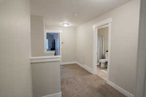 Corridor featuring carpet floors, baseboards, and a textured ceiling