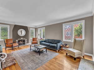 Living area with light wood-style flooring, ornamental molding, baseboards, and a fireplace