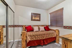 Bedroom featuring carpet flooring, baseboards, and a closet