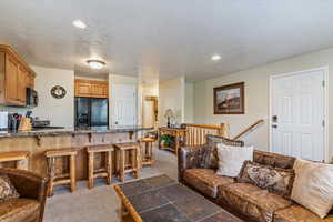 Carpeted living room with a textured ceiling and recessed lighting