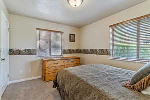 Bedroom with multiple windows, light colored carpet, and baseboards