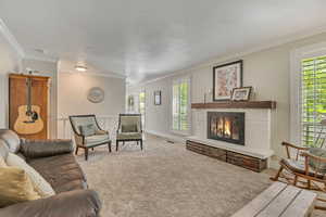 Living room featuring a fireplace, ornamental molding, carpet flooring, and baseboards