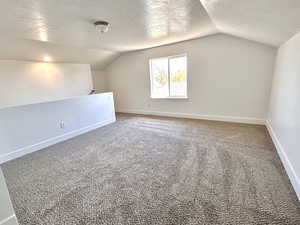 Additional living space with vaulted ceiling, a textured ceiling, baseboards, and carpet