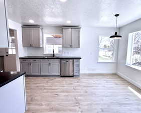 Kitchen featuring dishwasher, gray cabinetry, dark countertops, a textured ceiling, and light wood-style flooring