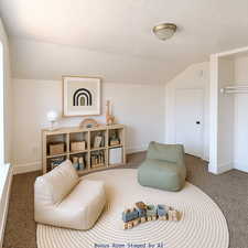 Living area featuring vaulted ceiling, carpet, and a textured ceiling