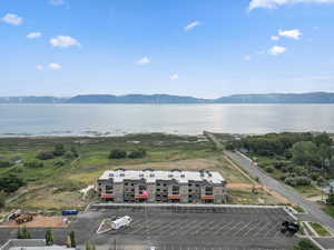 Bird's eye view of a water and mountain view