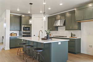 Kitchen with green cabinets, a breakfast bar, pendant lighting, appliances with stainless steel finishes, and backsplash