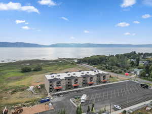 Aerial view of a water and mountain view